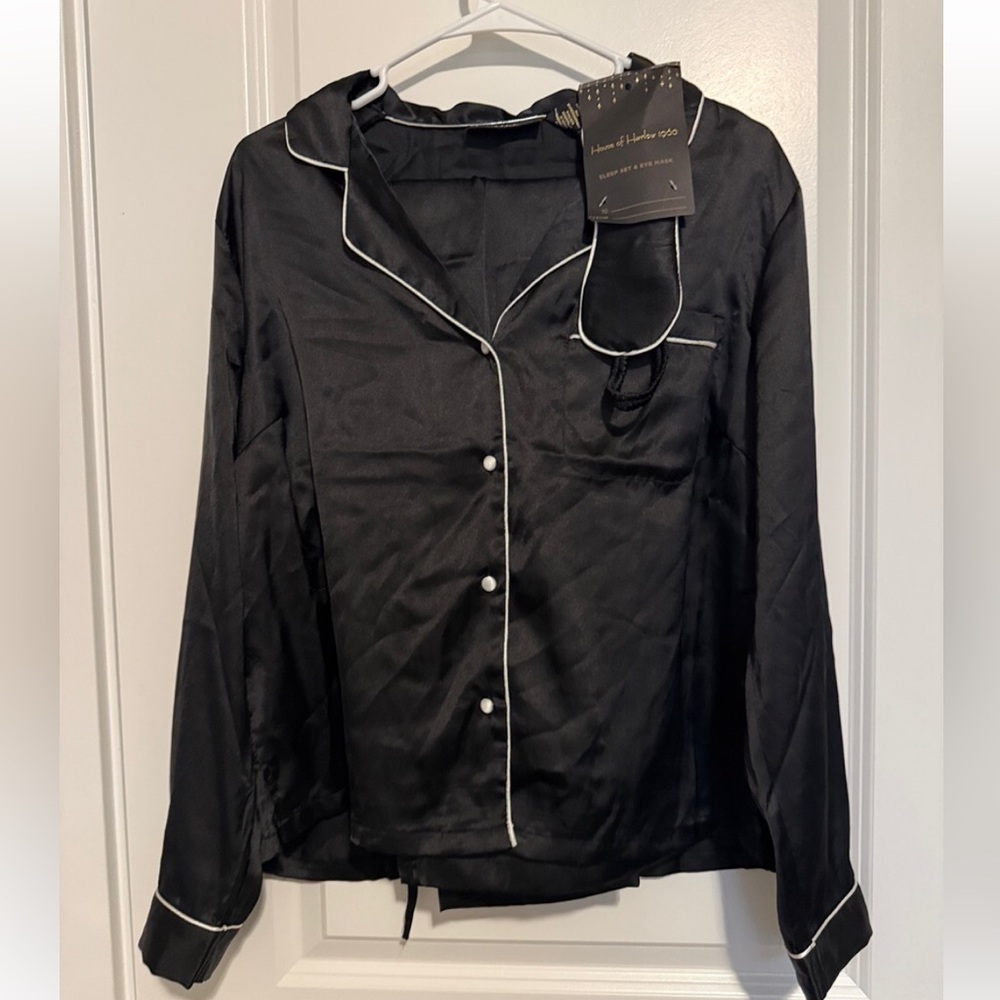House of Harlow 1960 Black Satin Pajama Top with White Piping